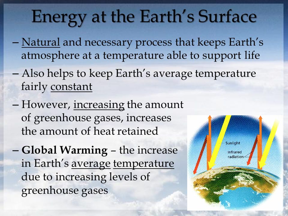 Energy at the Earth’s Surface – Natural and necessary process that keeps Earth’s atmosphere at a temperature able to support life – Also helps to keep Earth’s average temperature fairly constant – However, increasing the amount of greenhouse gases, increases the amount of heat retained – Global Warming – the increase in Earth’s average temperature due to increasing levels of greenhouse gases