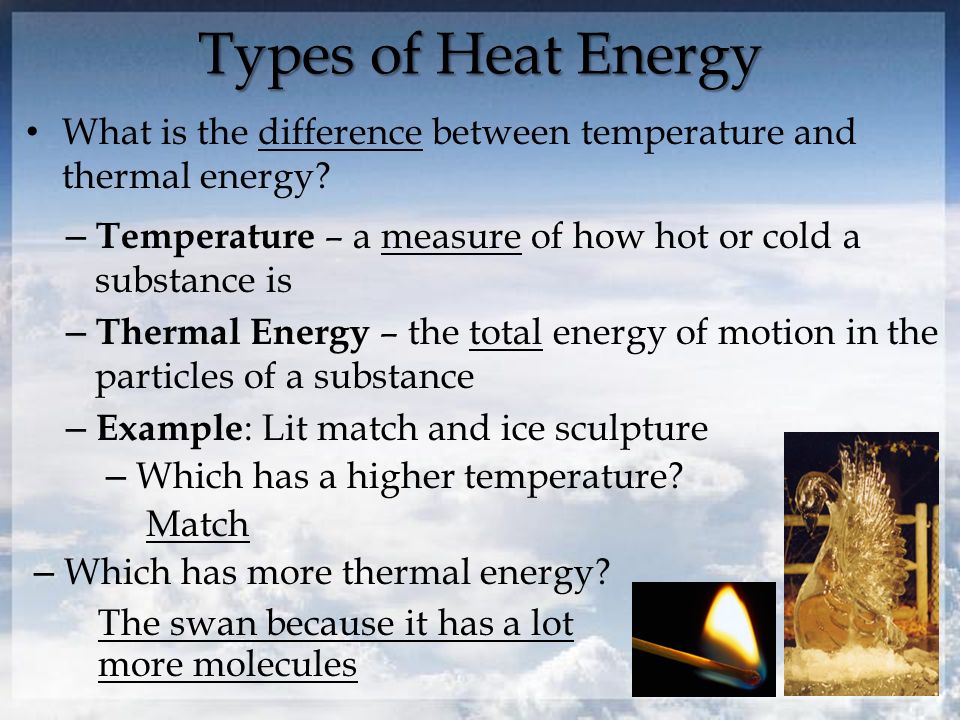 Types of Heat Energy What is the difference between temperature and thermal energy.