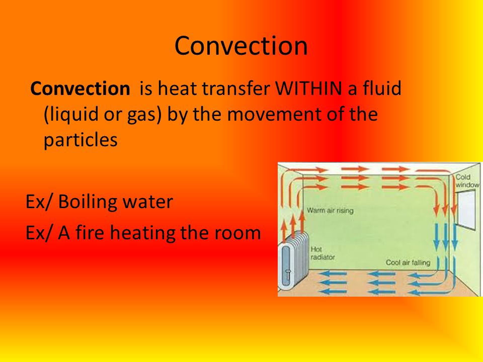 Convection Convection is heat transfer WITHIN a fluid (liquid or gas) by the movement of the particles Ex/ Boiling water Ex/ A fire heating the room