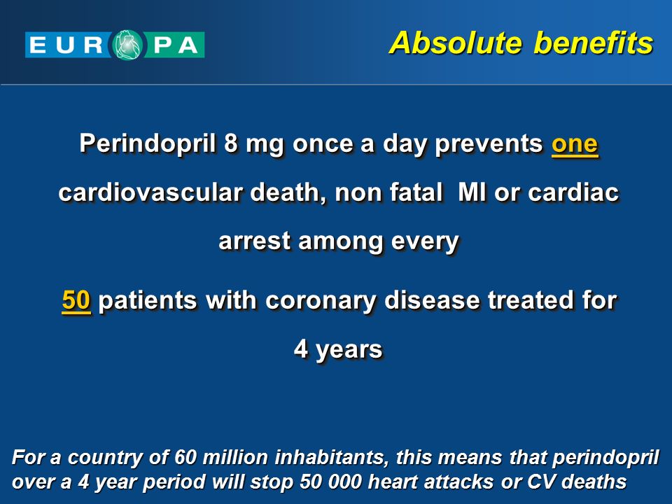 Absolute benefits Perindopril 8 mg once a day prevents one cardiovascular death, non fatal MI or cardiac arrest among every 50 patients with coronary disease treated for 4 years Perindopril 8 mg once a day prevents one cardiovascular death, non fatal MI or cardiac arrest among every 50 patients with coronary disease treated for 4 years For a country of 60 million inhabitants, this means that perindopril over a 4 year period will stop heart attacks or CV deaths