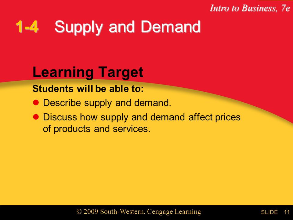 Intro to Business, 7e © 2009 South-Western, Cengage Learning SLIDE11 Supply and Demand Learning Target Students will be able to: Describe supply and demand.