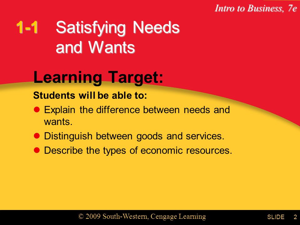 Intro to Business, 7e © 2009 South-Western, Cengage Learning SLIDE2 Satisfying Needs and Wants Learning Target: Students will be able to: Explain the difference between needs and wants.