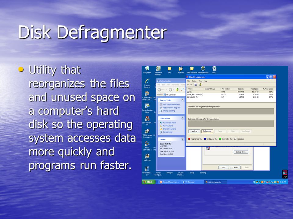 Disk Defragmenter Utility that reorganizes the files and unused space on a computer’s hard disk so the operating system accesses data more quickly and programs run faster.