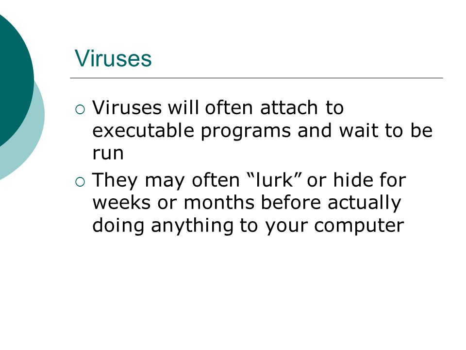 Viruses  Viruses will often attach to executable programs and wait to be run  They may often lurk or hide for weeks or months before actually doing anything to your computer
