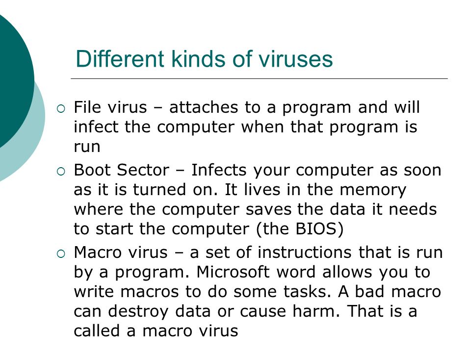 Different kinds of viruses  File virus – attaches to a program and will infect the computer when that program is run  Boot Sector – Infects your computer as soon as it is turned on.