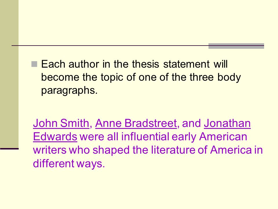 Each author in the thesis statement will become the topic of one of the three body paragraphs.