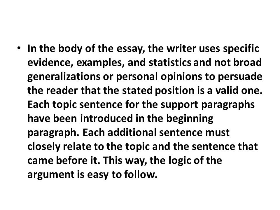 In the body of the essay, the writer uses specific evidence, examples, and statistics and not broad generalizations or personal opinions to persuade the reader that the stated position is a valid one.