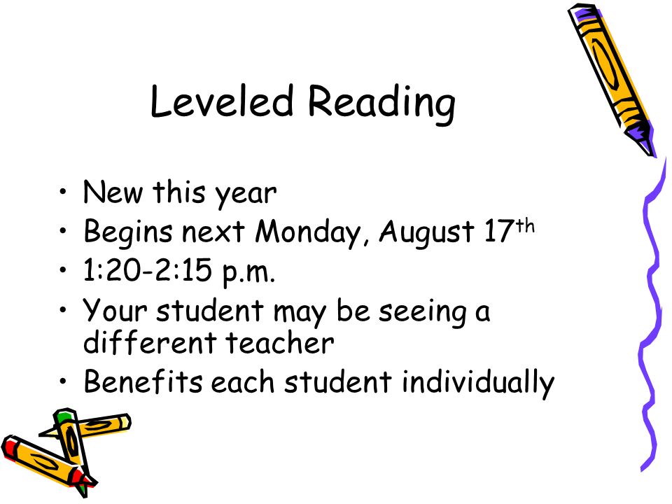 Leveled Reading New this year Begins next Monday, August 17 th 1:20-2:15 p.m.