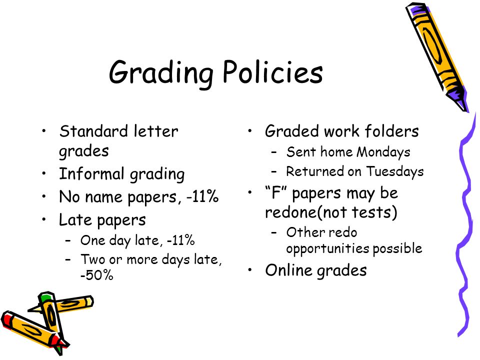 Grading Policies Standard letter grades Informal grading No name papers, -11% Late papers –One day late, -11% –Two or more days late, -50% Graded work folders –Sent home Mondays –Returned on Tuesdays F papers may be redone(not tests) –Other redo opportunities possible Online grades