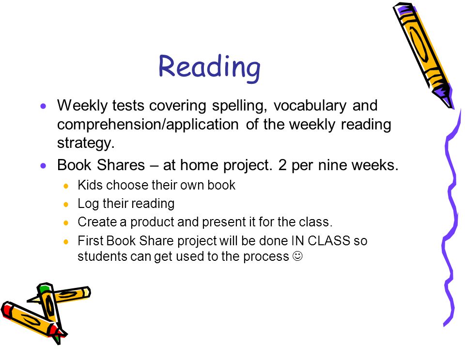 Reading  Weekly tests covering spelling, vocabulary and comprehension/application of the weekly reading strategy.