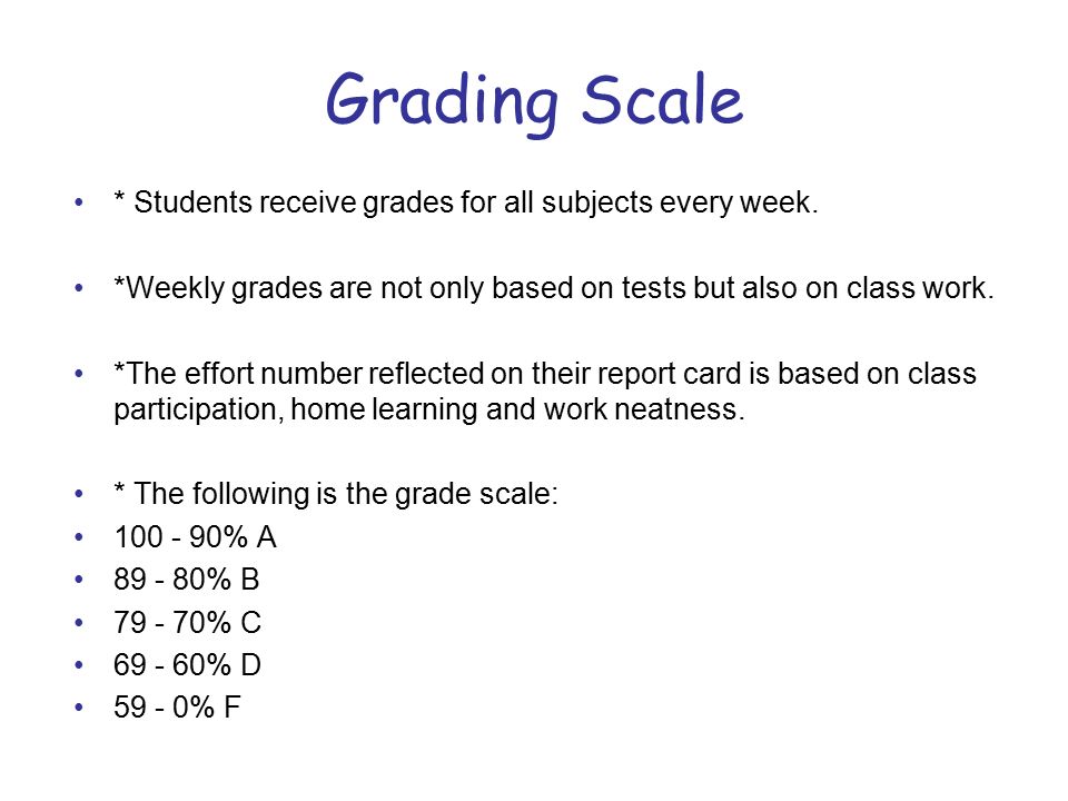 Grading Scale * Students receive grades for all subjects every week.
