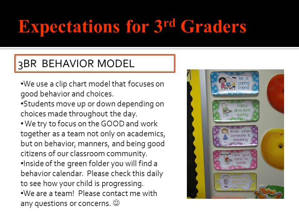 3BR BEHAVIOR MODEL We use a clip chart model that focuses on good behavior and choices.