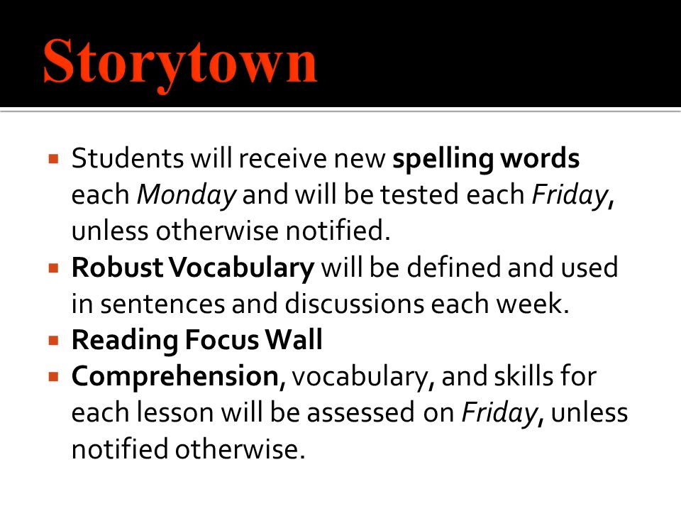  Students will receive new spelling words each Monday and will be tested each Friday, unless otherwise notified.