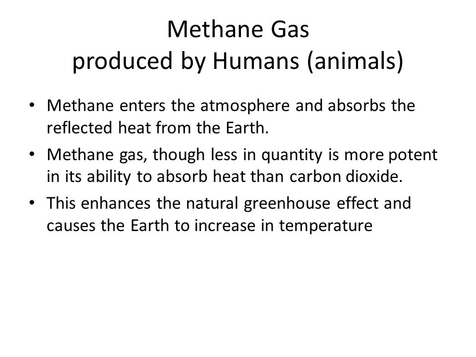 Methane Gas produced by Humans (animals) Methane enters the atmosphere and absorbs the reflected heat from the Earth.