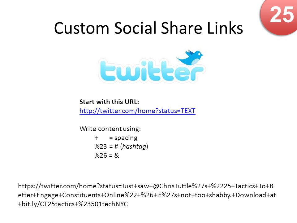 Custom Social Share Links 25 Start with this URL:   status=TEXT Write content using: + = spacing %23 = # (hashtag) %26 = &   etter+Engage+Constituents+Online%22+%26+it%27s+not+too+shabby.+Download+at +bit.ly/CT25tactics+%23501techNYC