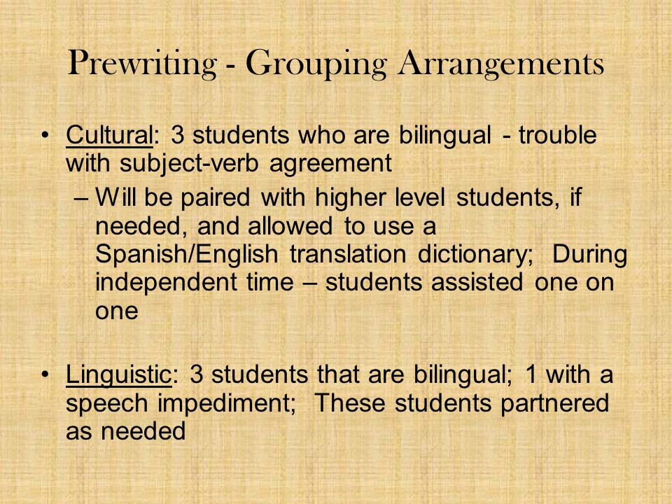 Prewriting - Grouping Arrangements Cultural: 3 students who are bilingual - trouble with subject-verb agreement –Will be paired with higher level students, if needed, and allowed to use a Spanish/English translation dictionary; During independent time – students assisted one on one Linguistic: 3 students that are bilingual; 1 with a speech impediment; These students partnered as needed