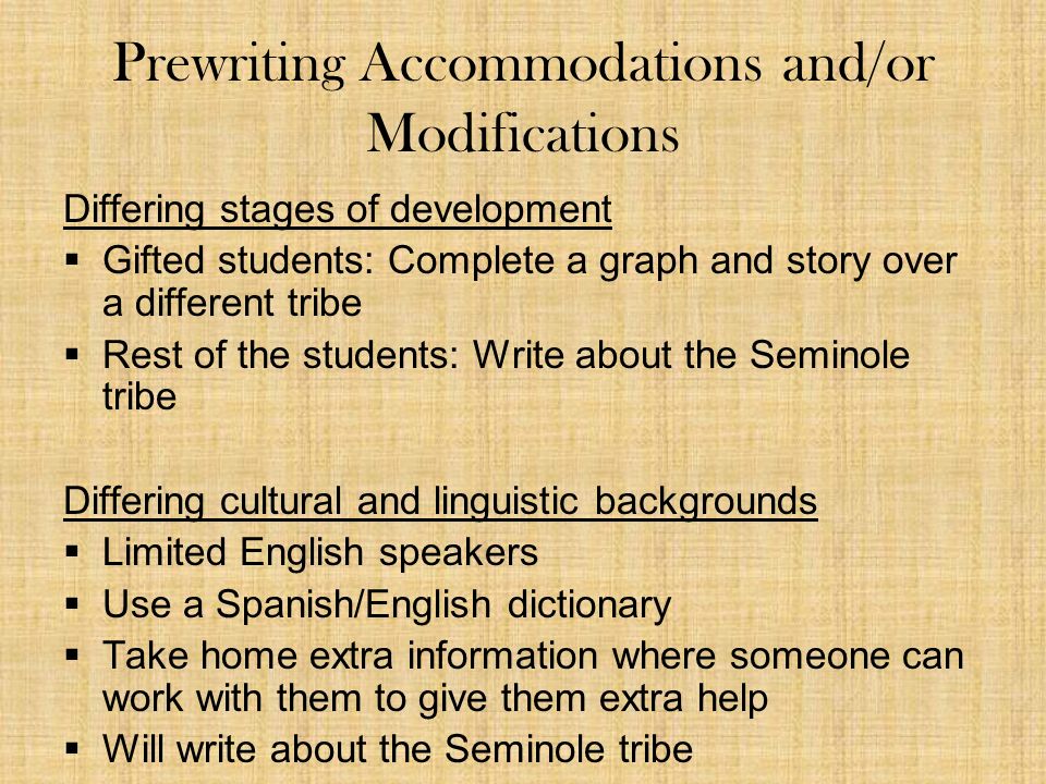 Prewriting Accommodations and/or Modifications Differing stages of development  Gifted students: Complete a graph and story over a different tribe  Rest of the students: Write about the Seminole tribe Differing cultural and linguistic backgrounds  Limited English speakers  Use a Spanish/English dictionary  Take home extra information where someone can work with them to give them extra help  Will write about the Seminole tribe