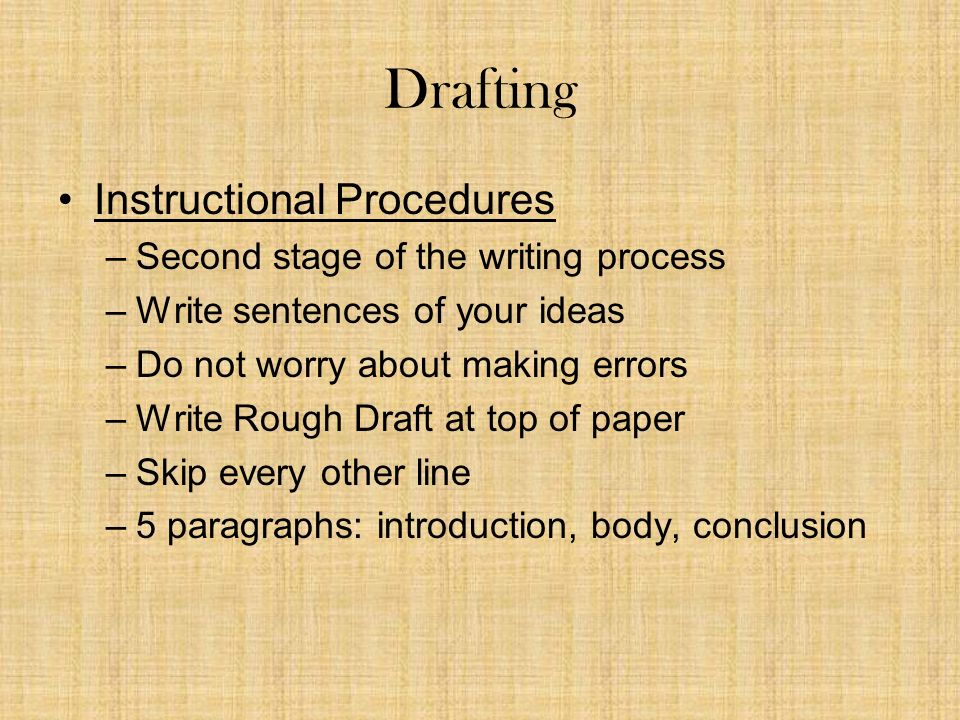 Drafting Instructional Procedures –Second stage of the writing process –Write sentences of your ideas –Do not worry about making errors –Write Rough Draft at top of paper –Skip every other line –5 paragraphs: introduction, body, conclusion