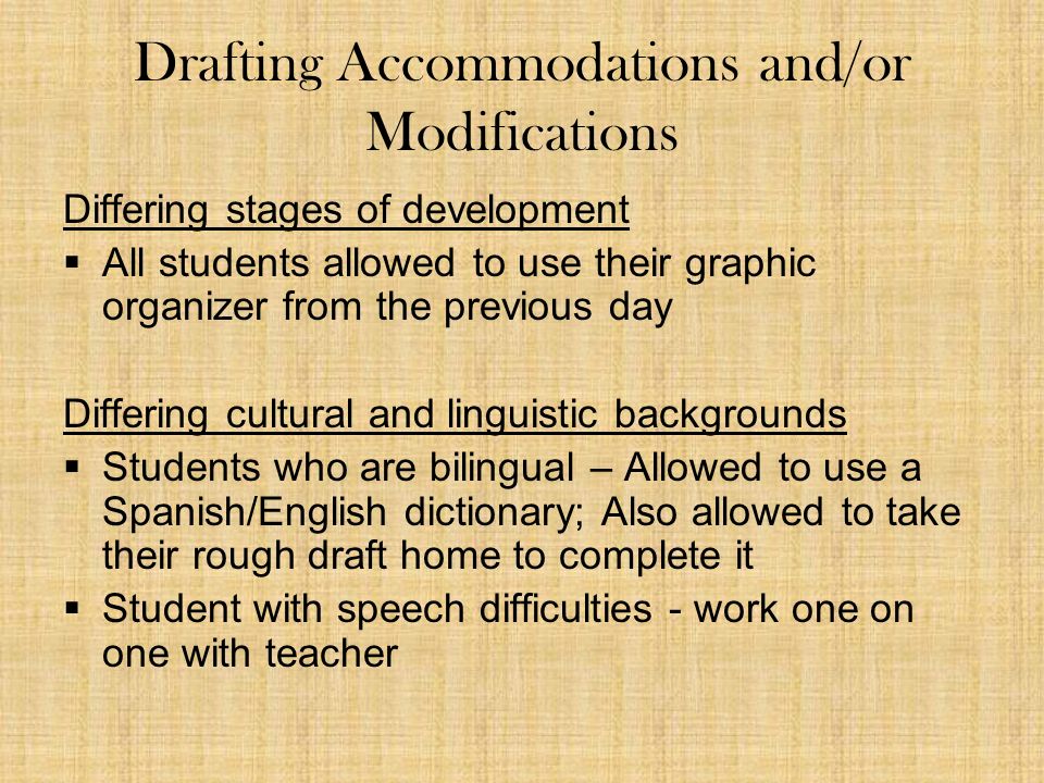 Drafting Accommodations and/or Modifications Differing stages of development  All students allowed to use their graphic organizer from the previous day Differing cultural and linguistic backgrounds  Students who are bilingual – Allowed to use a Spanish/English dictionary; Also allowed to take their rough draft home to complete it  Student with speech difficulties - work one on one with teacher