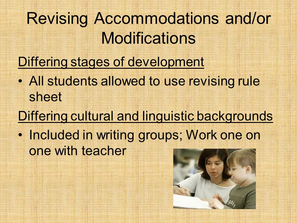 Revising Accommodations and/or Modifications Differing stages of development All students allowed to use revising rule sheet Differing cultural and linguistic backgrounds Included in writing groups; Work one on one with teacher