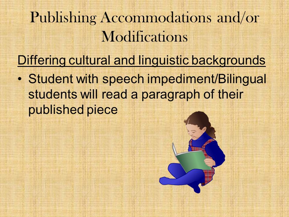 Publishing Accommodations and/or Modifications Differing cultural and linguistic backgrounds Student with speech impediment/Bilingual students will read a paragraph of their published piece