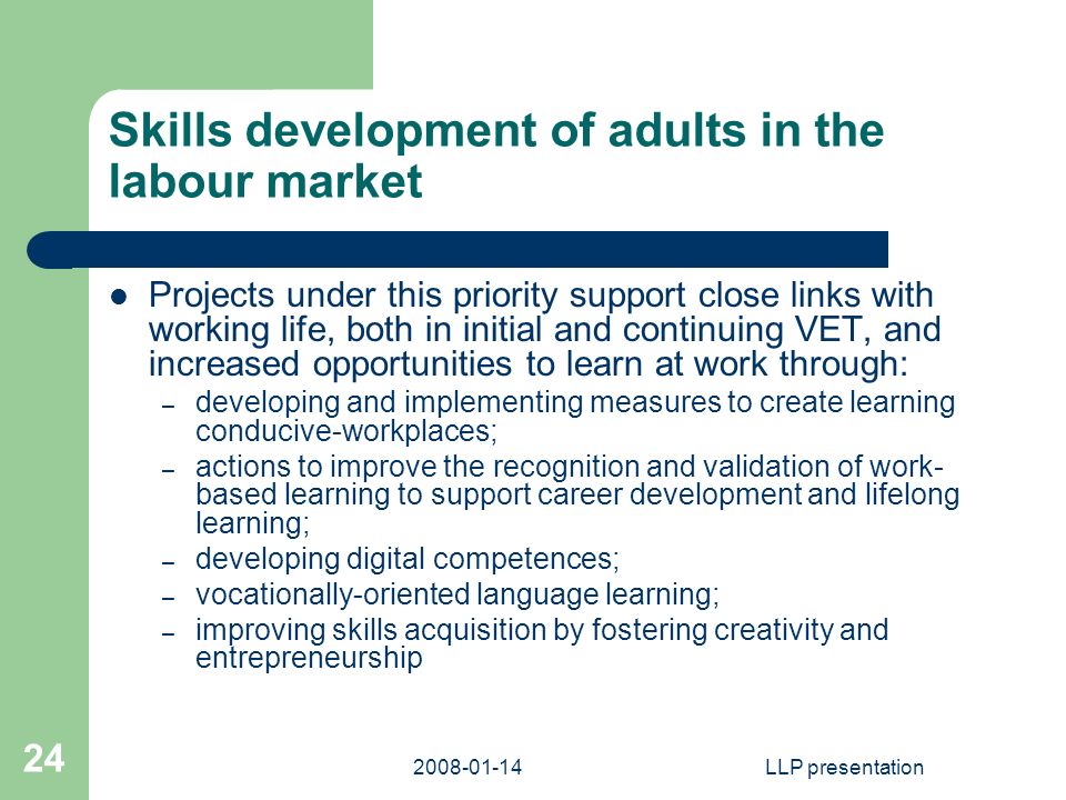 LLP presentation 24 Skills development of adults in the labour market Projects under this priority support close links with working life, both in initial and continuing VET, and increased opportunities to learn at work through: – developing and implementing measures to create learning conducive-workplaces; – actions to improve the recognition and validation of work- based learning to support career development and lifelong learning; – developing digital competences; – vocationally-oriented language learning; – improving skills acquisition by fostering creativity and entrepreneurship