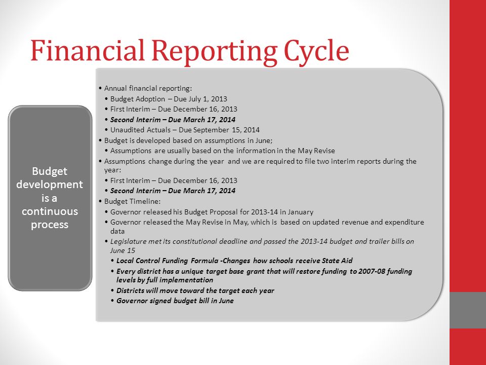 Financial Reporting Cycle Annual financial reporting: Budget Adoption – Due July 1, 2013 First Interim – Due December 16, 2013 Second Interim – Due March 17, 2014 Unaudited Actuals – Due September 15, 2014 Budget is developed based on assumptions in June; Assumptions are usually based on the information in the May Revise Assumptions change during the year and we are required to file two interim reports during the year: First Interim – Due December 16, 2013 Second Interim – Due March 17, 2014 Budget Timeline: Governor released his Budget Proposal for in January Governor released the May Revise in May, which is based on updated revenue and expenditure data Legislature met its constitutional deadline and passed the budget and trailer bills on June 15 Local Control Funding Formula -Changes how schools receive State Aid Every district has a unique target base grant that will restore funding to funding levels by full implementation Districts will move toward the target each year Governor signed budget bill in June Budget development is a continuous process