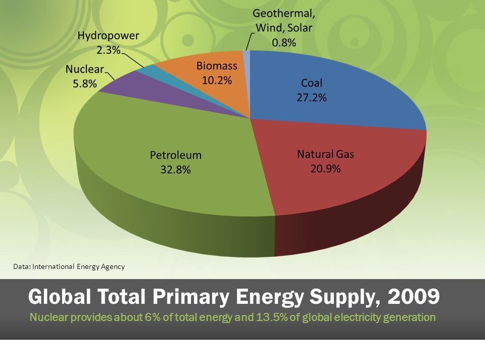 Global Total Primary Energy Supply, 2009 Nuclear provides about 6% of total energy and 13.5% of global electricity generation Data: International Energy Agency