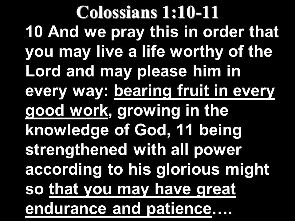 Colossians 1: And we pray this in order that you may live a life worthy of the Lord and may please him in every way: bearing fruit in every good work, growing in the knowledge of God, 11 being strengthened with all power according to his glorious might so that you may have great endurance and patience….