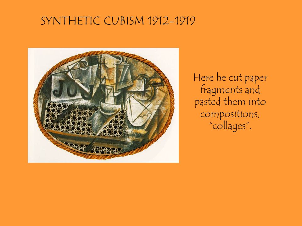 SYNTHETIC CUBISM Here he cut paper fragments and pasted them into compositions, collages .