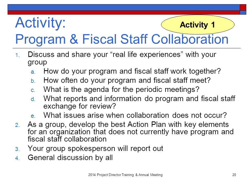 2014 Project Director Training & Annual Meeting20 Activity: Program & Fiscal Staff Collaboration 1.