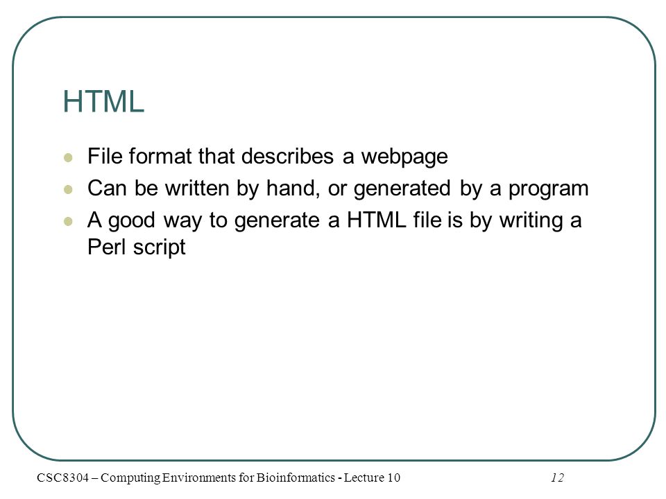 HTML File format that describes a webpage Can be written by hand, or generated by a program A good way to generate a HTML file is by writing a Perl script CSC8304 – Computing Environments for Bioinformatics - Lecture 1012