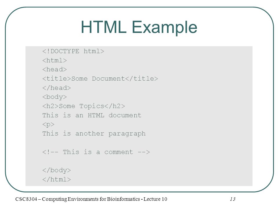 13 HTML Example Some Document Some Topics This is an HTML document This is another paragraph CSC8304 – Computing Environments for Bioinformatics - Lecture 10