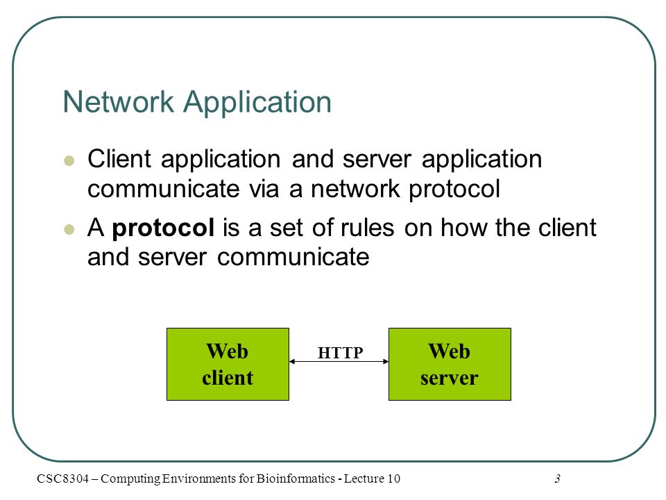 Network Application Client application and server application communicate via a network protocol A protocol is a set of rules on how the client and server communicate 3 Web client Web server HTTP CSC8304 – Computing Environments for Bioinformatics - Lecture 10