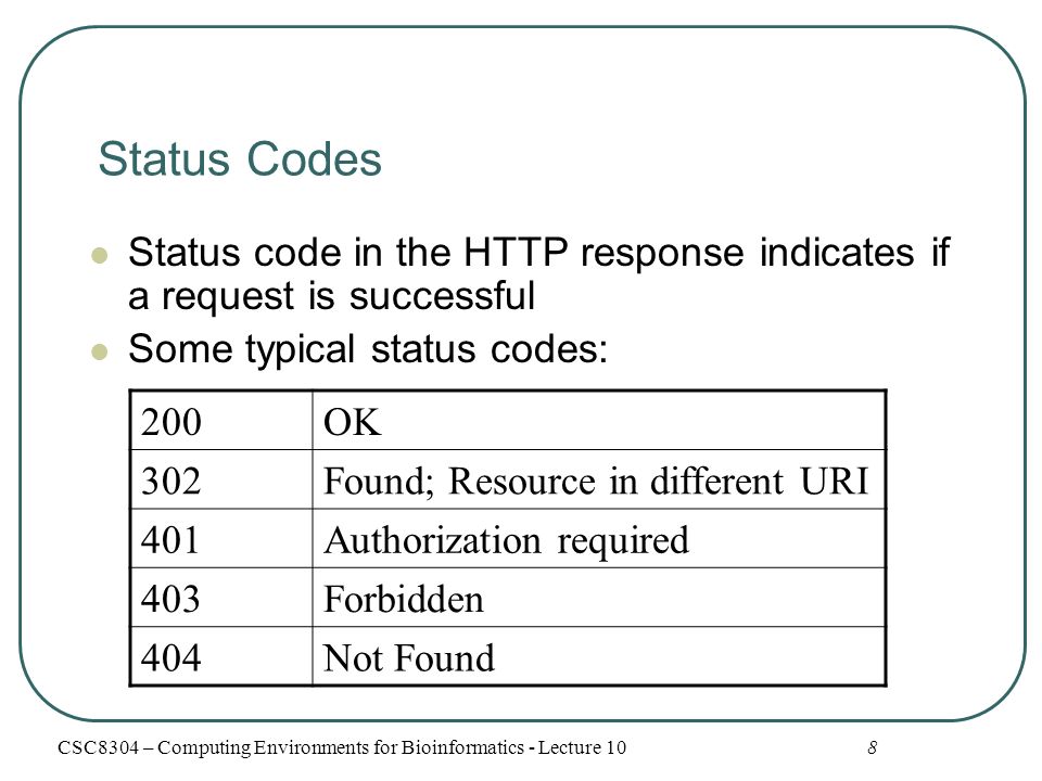 Status Codes Status code in the HTTP response indicates if a request is successful Some typical status codes: 8 200OK 302Found; Resource in different URI 401Authorization required 403Forbidden 404Not Found CSC8304 – Computing Environments for Bioinformatics - Lecture 10