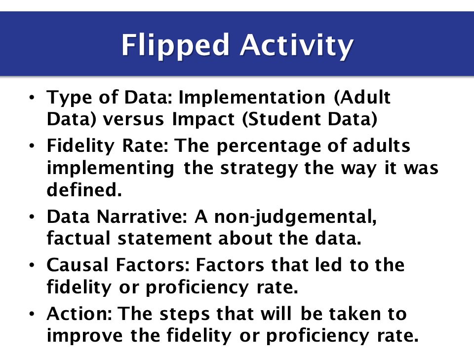Type of Data: Implementation (Adult Data) versus Impact (Student Data) Fidelity Rate: The percentage of adults implementing the strategy the way it was defined.