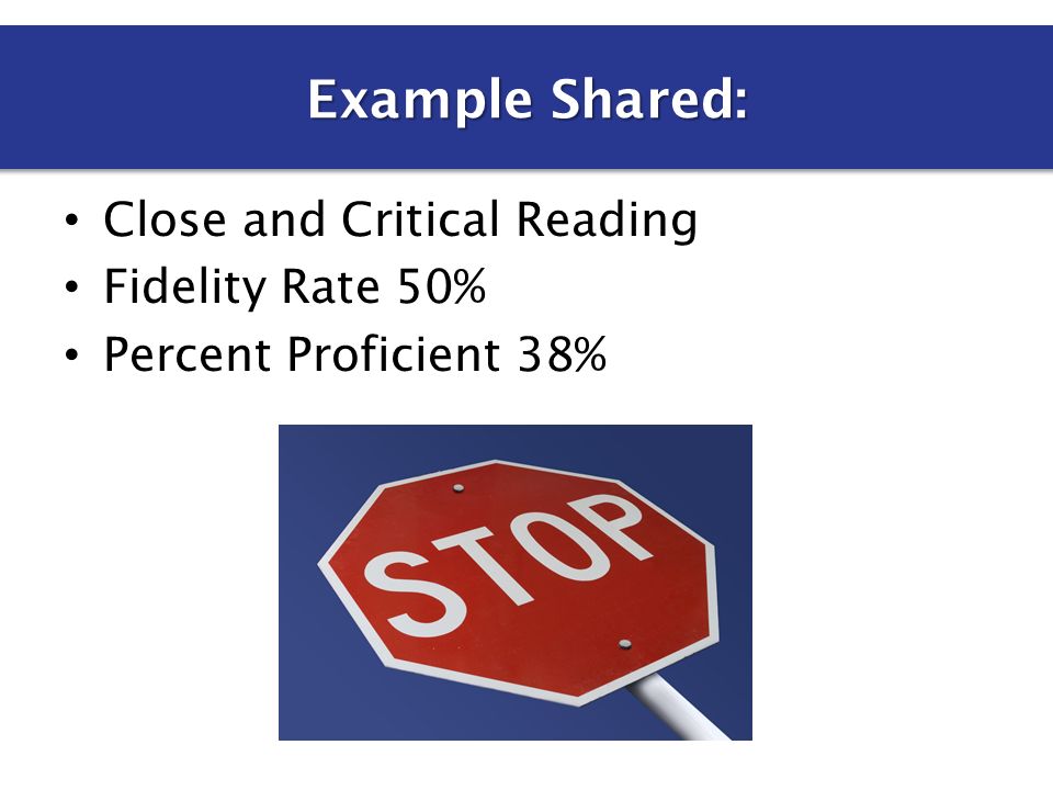 Close and Critical Reading Fidelity Rate 50% Percent Proficient 38% Example Shared: