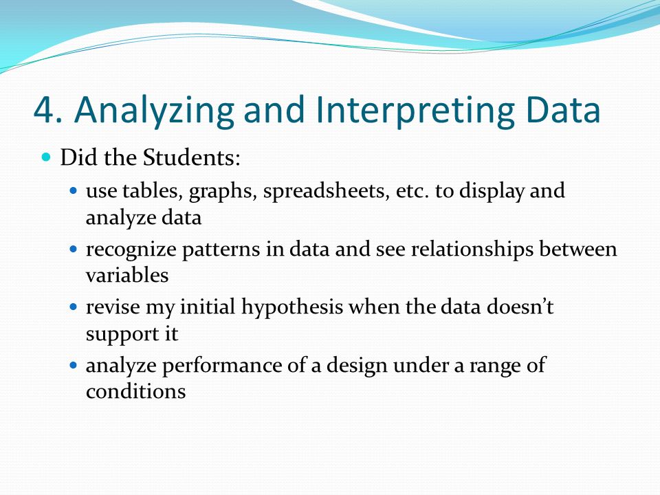 4. Analyzing and Interpreting Data Did the Students: use tables, graphs, spreadsheets, etc.