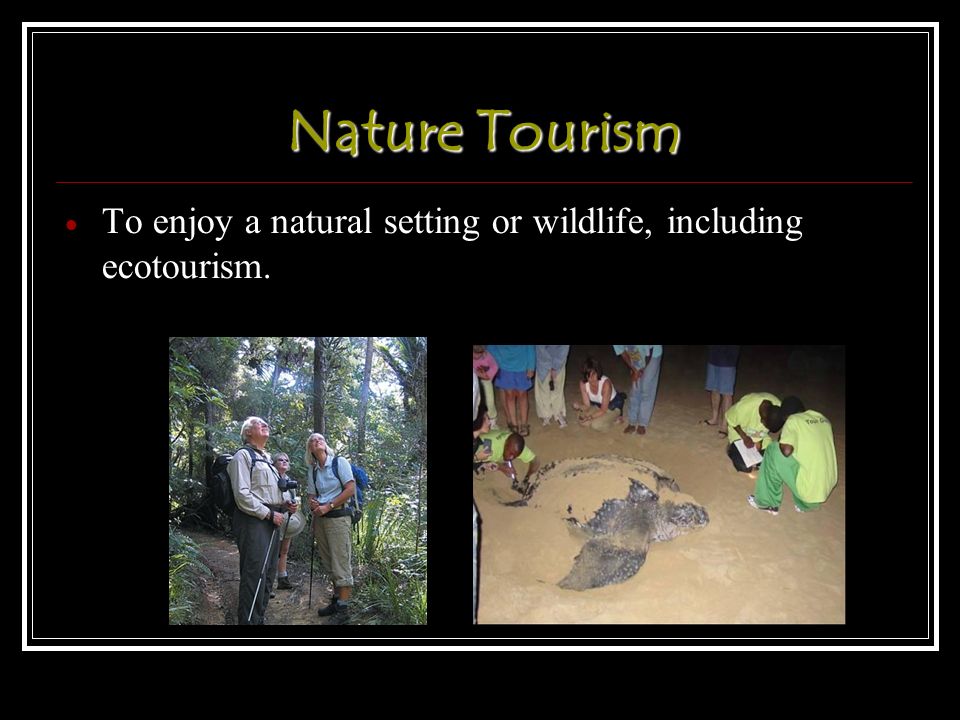 Nature Tourism  To enjoy a natural setting or wildlife, including ecotourism.