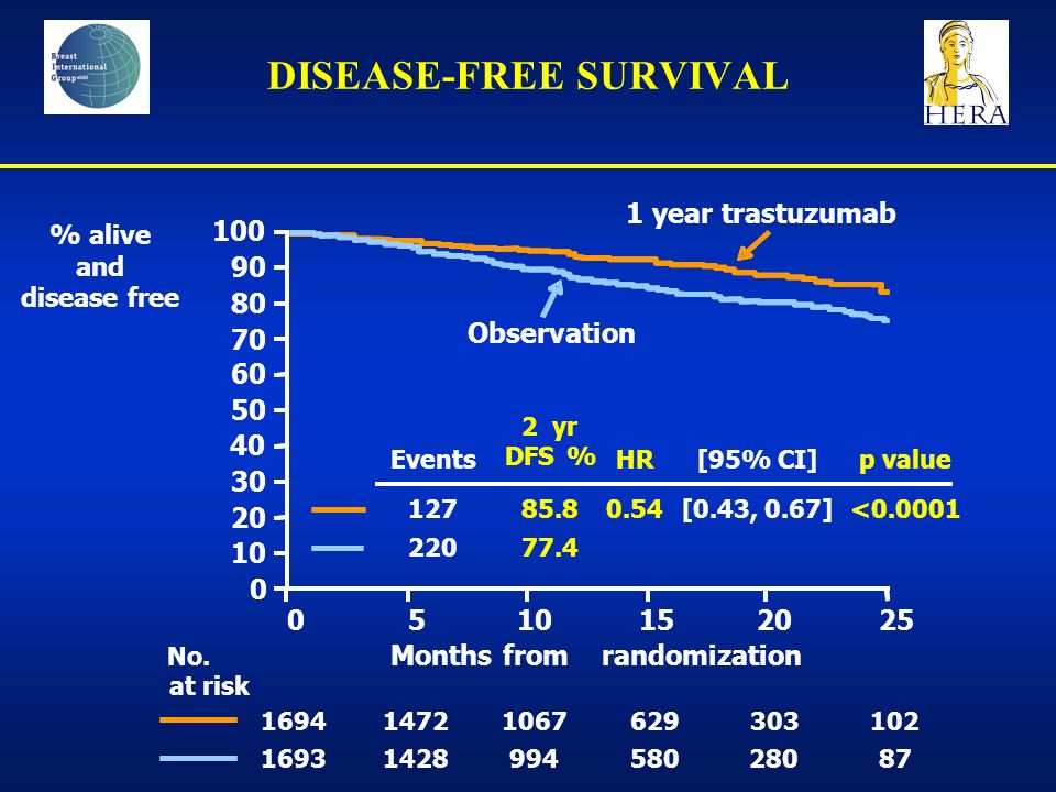 DISEASE-FREE SURVIVAL % alive and disease free at risk Months fromrandomization Events 2yr DFS% HR[95% CI]p value [0.43, 0.67]< year trastuzumab Observation No.