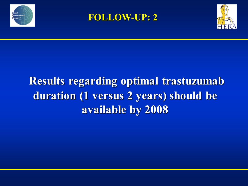 Results regarding optimal trastuzumab duration (1 versus 2 years) should be available by 2008 Results regarding optimal trastuzumab duration (1 versus 2 years) should be available by 2008 FOLLOW-UP: 2