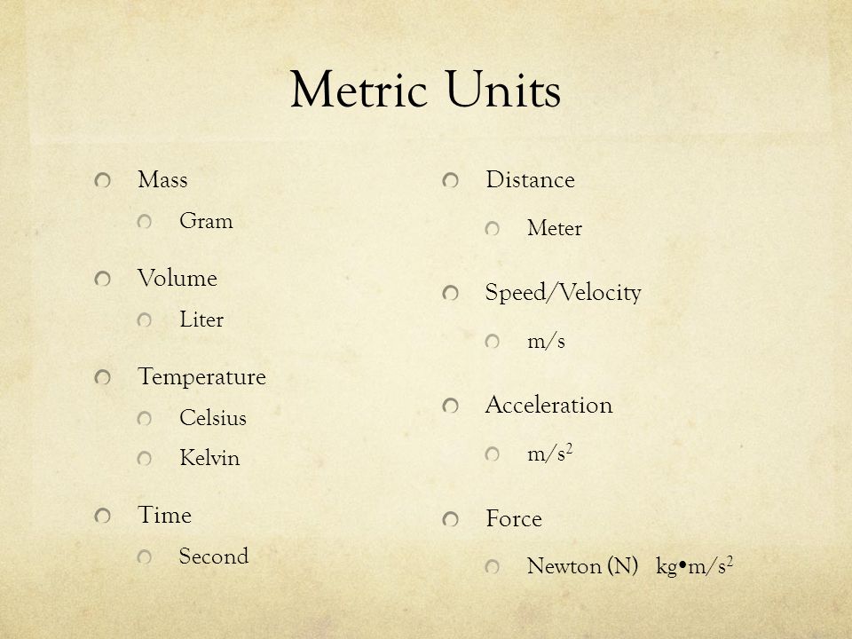 Metric Units Mass Gram Volume Liter Temperature Celsius Kelvin Time Second Distance Meter Speed/Velocity m/s Acceleration m/s 2 Force Newton (N) kg  m/s 2