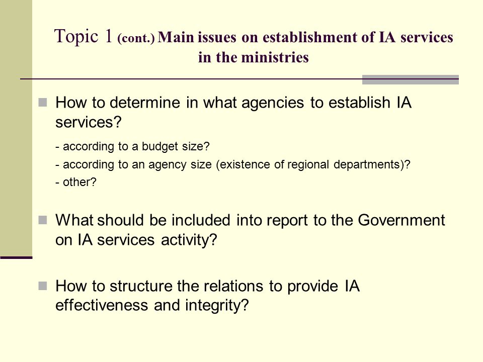 Topic 1 (cont.) Main issues on establishment of IA services in the ministries How to determine in what agencies to establish IA services.