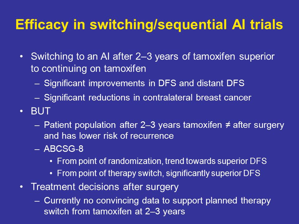 Efficacy in switching/sequential AI trials Switching to an AI after 2–3 years of tamoxifen superior to continuing on tamoxifen –Significant improvements in DFS and distant DFS –Significant reductions in contralateral breast cancer BUT –Patient population after 2–3 years tamoxifen ≠ after surgery and has lower risk of recurrence –ABCSG-8 From point of randomization, trend towards superior DFS From point of therapy switch, significantly superior DFS Treatment decisions after surgery –Currently no convincing data to support planned therapy switch from tamoxifen at 2–3 years