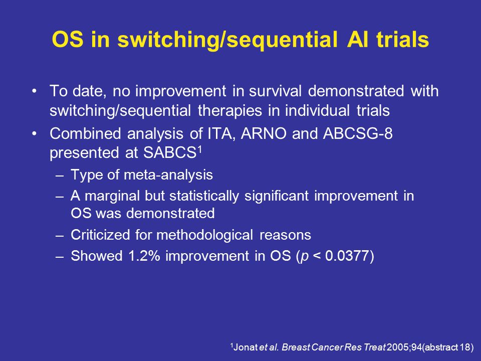 OS in switching/sequential AI trials To date, no improvement in survival demonstrated with switching/sequential therapies in individual trials Combined analysis of ITA, ARNO and ABCSG-8 presented at SABCS 1 –Type of meta-analysis –A marginal but statistically significant improvement in OS was demonstrated –Criticized for methodological reasons –Showed 1.2% improvement in OS (p < ) 1 Jonat et al.