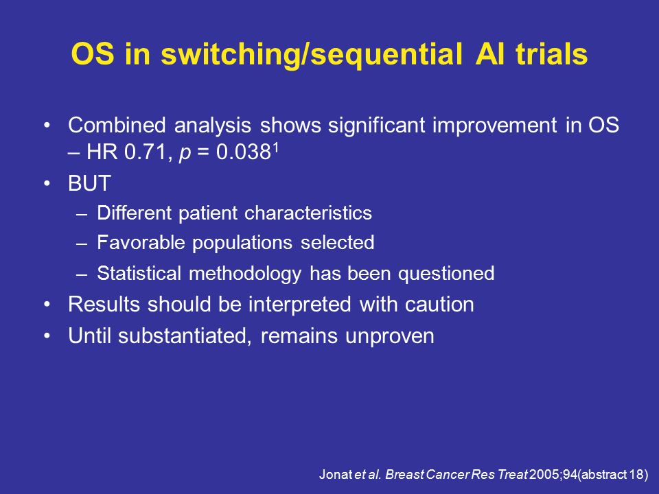 OS in switching/sequential AI trials Combined analysis shows significant improvement in OS – HR 0.71, p = BUT –Different patient characteristics –Favorable populations selected –Statistical methodology has been questioned Results should be interpreted with caution Until substantiated, remains unproven Jonat et al.
