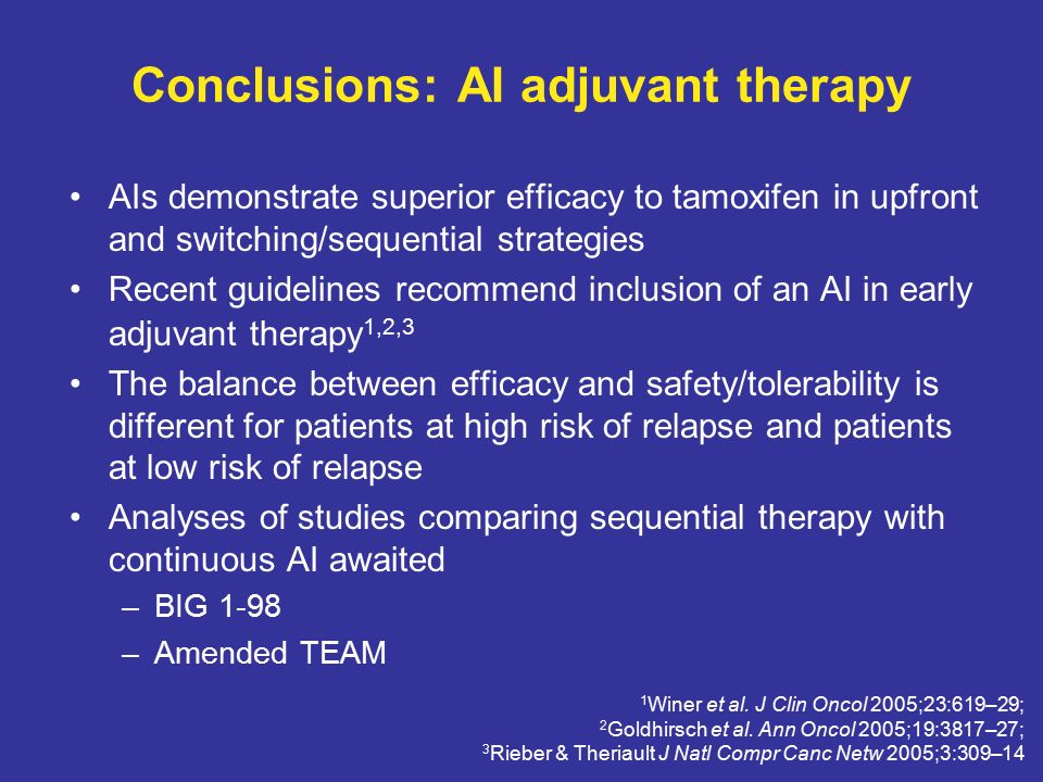 Conclusions: AI adjuvant therapy 1 Winer et al. J Clin Oncol 2005;23:619–29; 2 Goldhirsch et al.