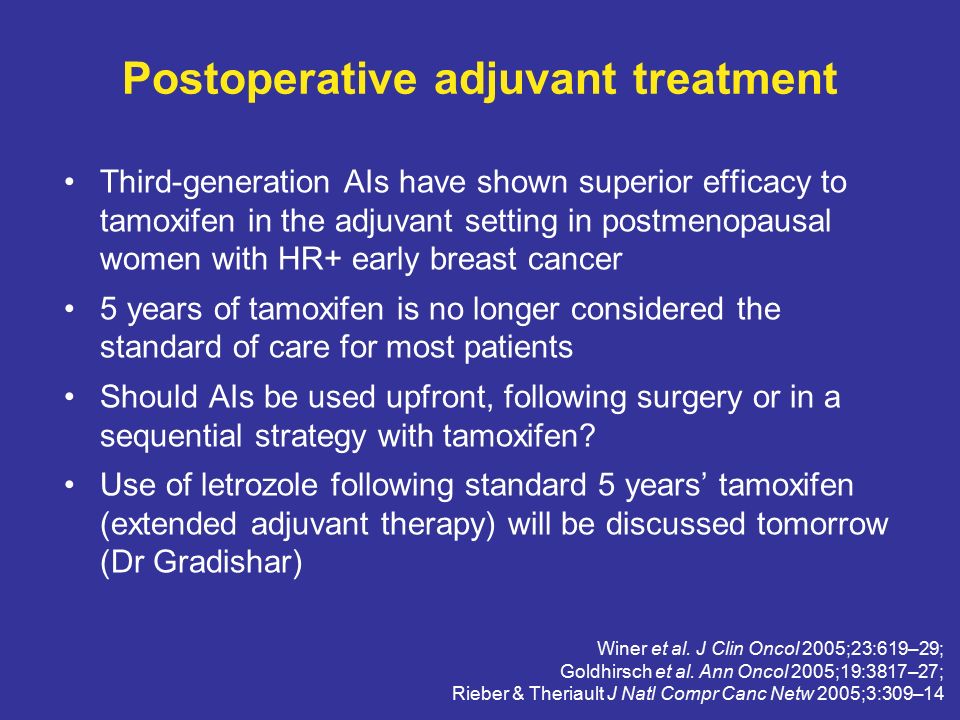 Postoperative adjuvant treatment Third-generation AIs have shown superior efficacy to tamoxifen in the adjuvant setting in postmenopausal women with HR+ early breast cancer 5 years of tamoxifen is no longer considered the standard of care for most patients Should AIs be used upfront, following surgery or in a sequential strategy with tamoxifen.
