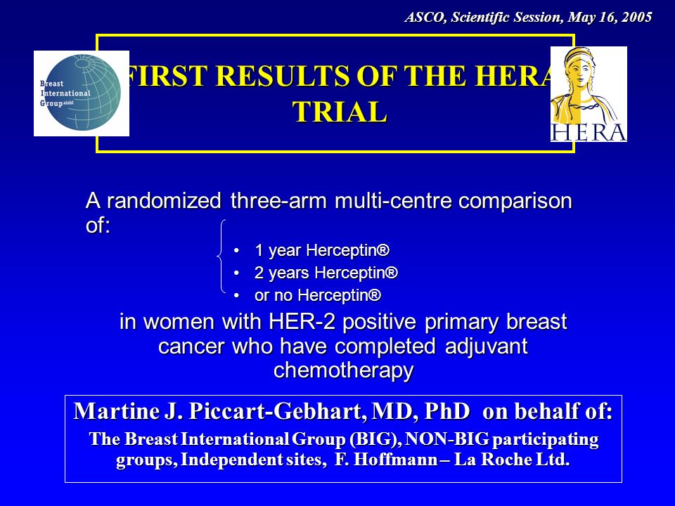 A randomized three-arm multi-centre comparison of: 1 year Herceptin®1 year Herceptin® 2 years Herceptin®2 years Herceptin® or no Herceptin®or no Herceptin® in women with HER-2 positive primary breast cancer who have completed adjuvant chemotherapy Martine J.