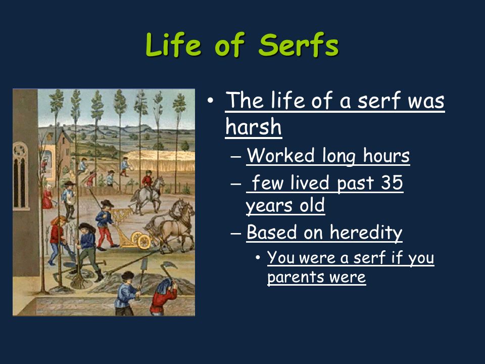 Life of Serfs The life of a serf was harsh – Worked long hours – few lived past 35 years old – Based on heredity You were a serf if you parents were